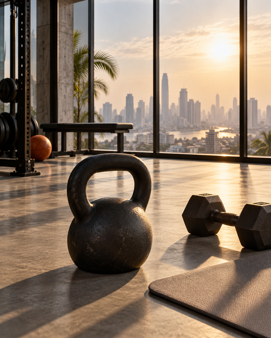 Concept image of weights in a sunlit gym overlooking a tropical city.